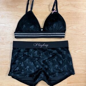 PLAYBOY Black Lace Bralette and Boyshort Set with Silver Trim